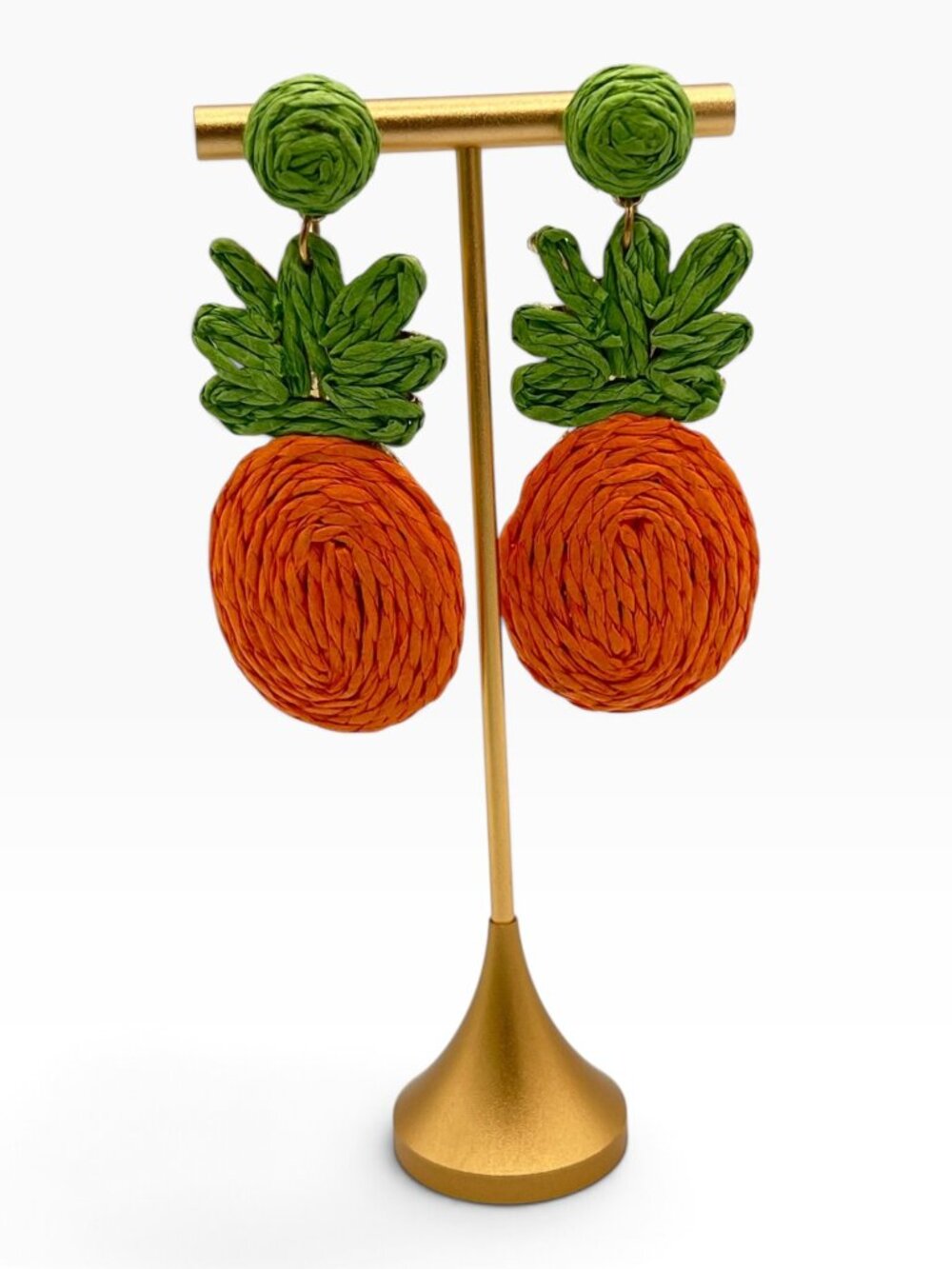 Orange Pineapple Raffia Statement Earrings Tropical Dangle Pierced Green 3”